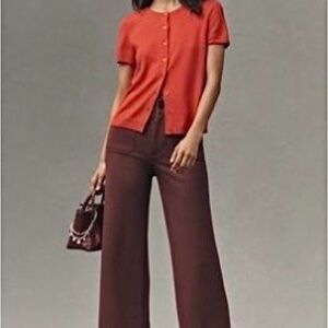 Anthropologie COLETTE KNIT CROP WIDE-LEG PANTS BY MAEVE 27 Cocoa Plum